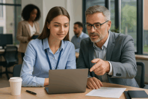 a young intern in business attire engaged in a hands-on learning experience in a modern office. The intern listens attentively while a mentor points at a laptop screen