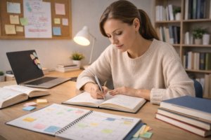 Student arbetar fokuserat med studieteknik och planering – sitter vid ett organiserat skrivbord med laptop, anteckningsbok och färgkodade scheman i lugn studiehörna.